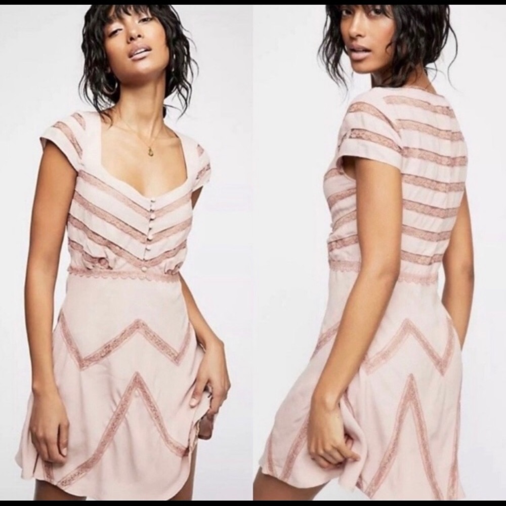 Lowest Posh Price for NWT Free People Elle Pink Lace Shadow Stripe Dress…